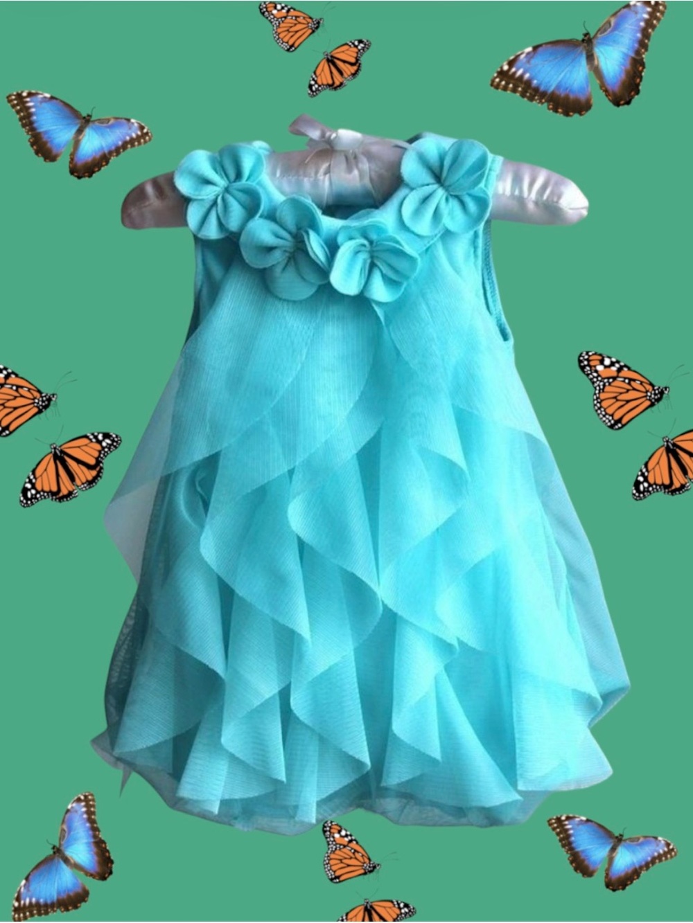 Turquoise Princess Soft Mesh Chiffon Layered Dress for Infant Girls